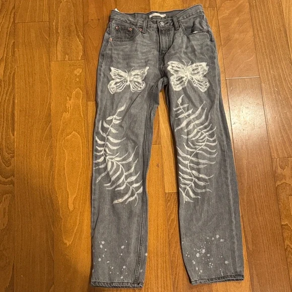 Custom Levi's Gray Straight Jeans with Butterfly Art 90’s Grunge Low Pro Straigh - Picture 1 of 5